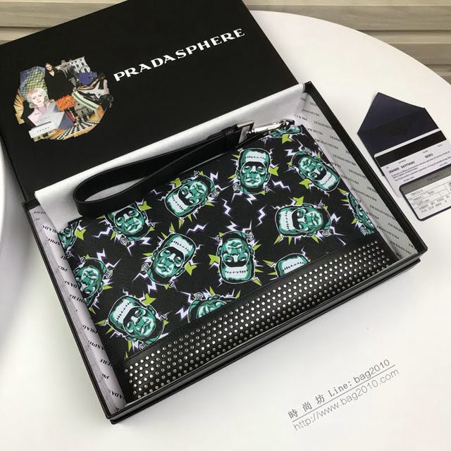 prada手包 普拉達新款皮革手拿包 2NH005 PRADA十字紋牛皮黑色手拿包  pyd2242